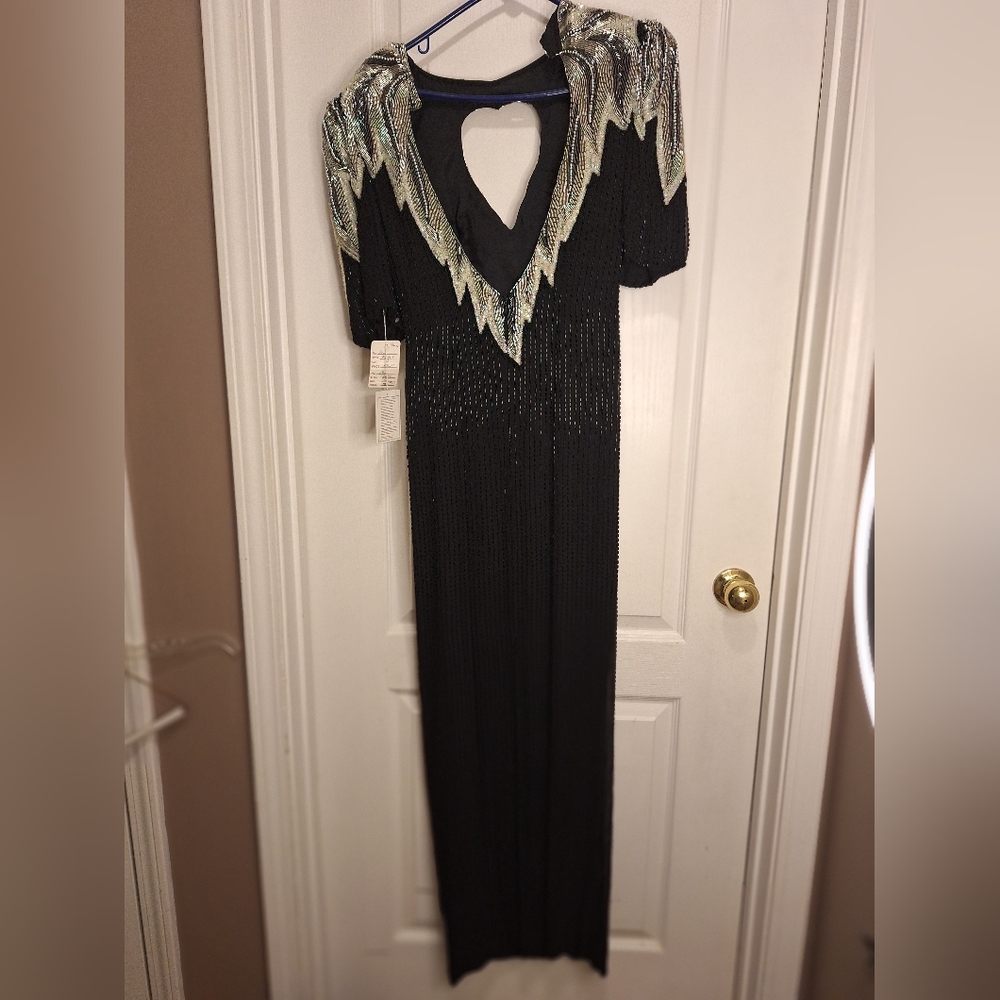 Alcye Designs / Black Maxi Dress with Silver Sequin Yoke / Size 6 - Picture 12 of 15
